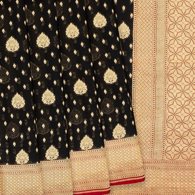 Black Handwoven Banarasi Khaddi Georgette Saree With Maroon Border-Black
