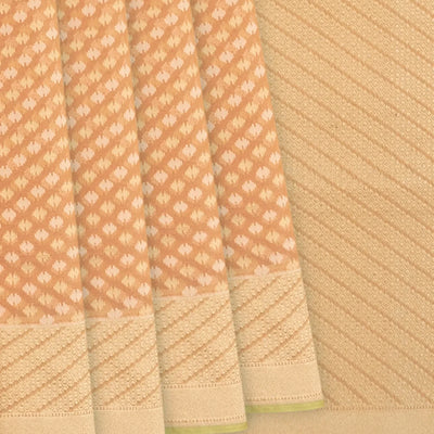 Peach Handwoven Banarasi Cotton Saree With Flower Motifs-Peach