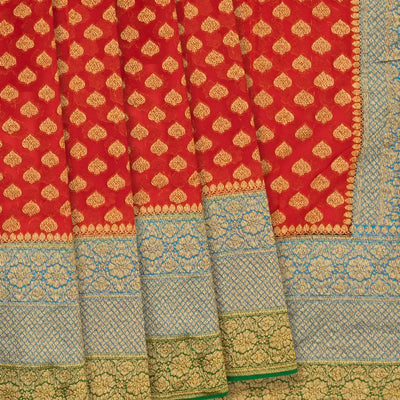 Red Banarasi Khaddi Georgette Saree With Contrast Green Border-Red