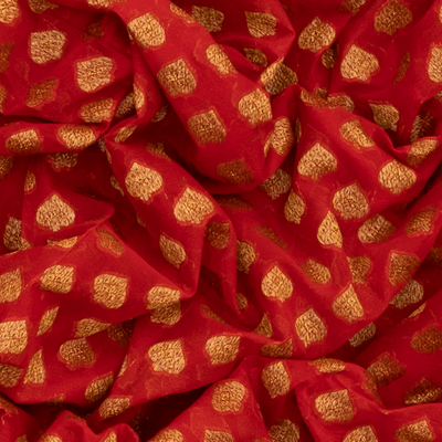 Red Banarasi Khaddi Georgette Saree With Contrast Green Border-Red