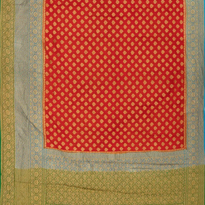 Red Banarasi Khaddi Georgette Saree With Contrast Green Border-Red