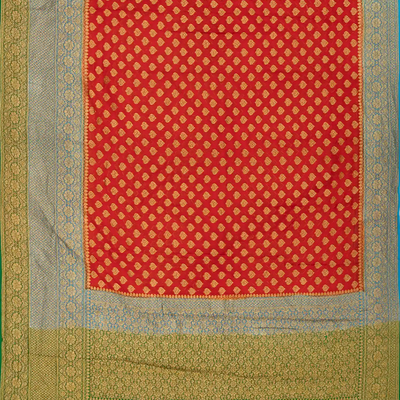 Red Banarasi Khaddi Georgette Saree With Contrast Green Border-Red