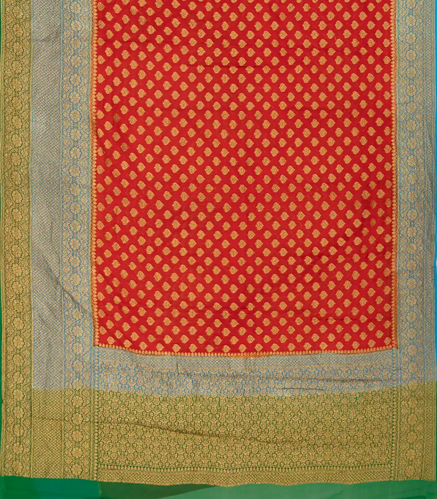 Red Banarasi Khaddi Georgette Saree With Contrast Green Border-Red