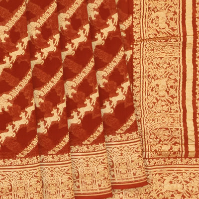 Crimson Banarasi Khaddi Georgette Saree With Diagonal Stripes-Crimson