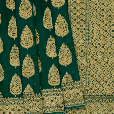 Dark Green Banarasi Khaddi Georgette Saree With Floral Motifs-Dark Green
