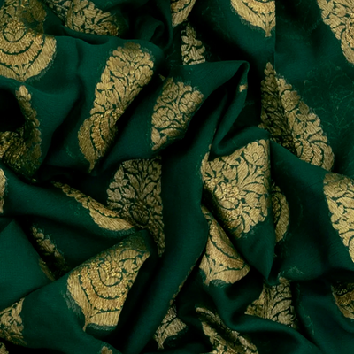 Dark Green Banarasi Khaddi Georgette Saree With Floral Motifs-Dark Green
