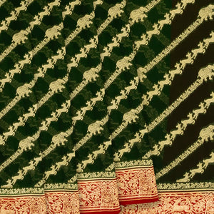 Dark Green Banarasi Khaddi Georgette Saree With Diagonal Stripes-Dark Green