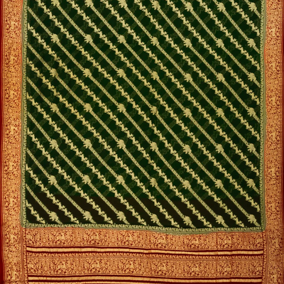 Dark Green Banarasi Khaddi Georgette Saree With Diagonal Stripes-Dark Green