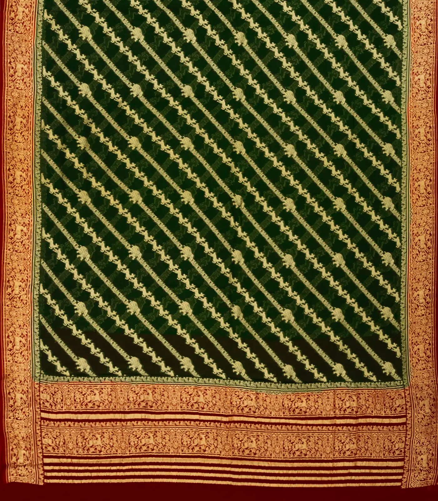 Dark Green Banarasi Khaddi Georgette Saree With Diagonal Stripes-Dark Green