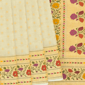 Cream Handwoven Banarasi Silk Saree With Floral Meena Border-Cream