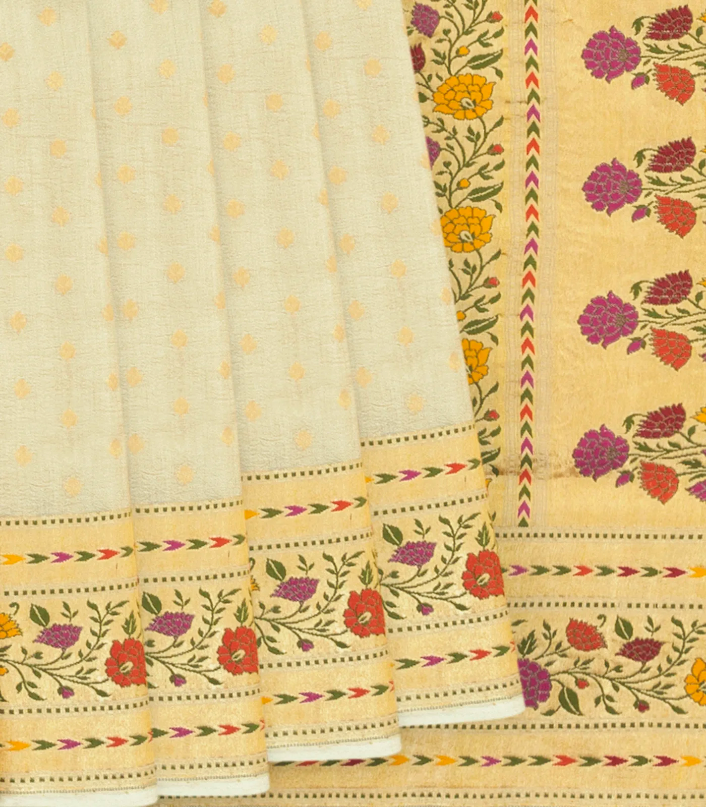 Cream Handwoven Banarasi Silk Saree With Floral Meena Border-Cream