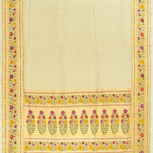 Cream Handwoven Banarasi Silk Saree With Floral Meena Border-Cream