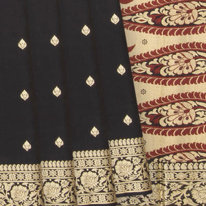 Black Banarasi Silk Saree With Floral Motifs-Black