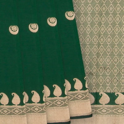 Dark Green Banarasi Silk Saree With Mango Motifs-Dark Green