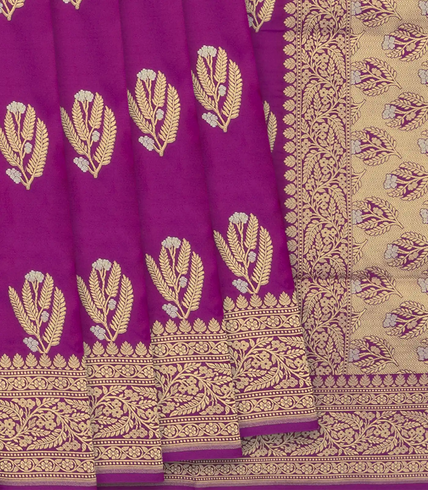 Magenta Handwoven Banarasi Silk Saree With Floral Butta-Pink
