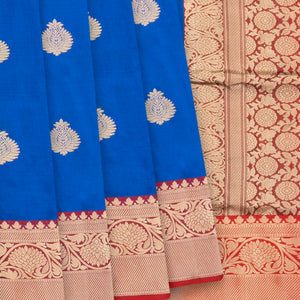 Blue Banarasi Silk Saree With Floral Motifs & Red Border-Blue