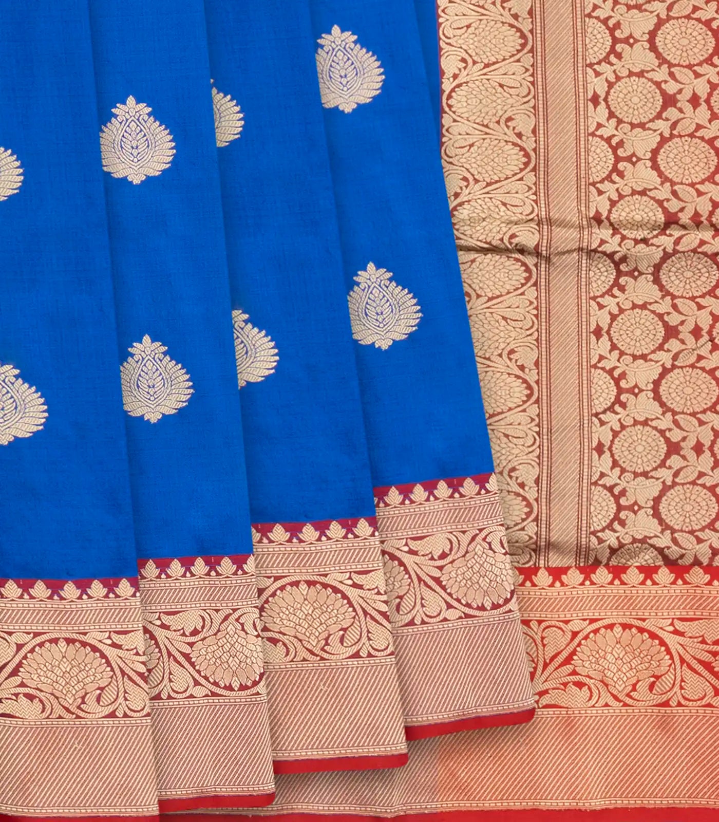 Blue Banarasi Silk Saree With Floral Motifs & Red Border-Blue