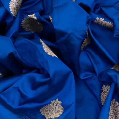 Blue Banarasi Silk Saree With Floral Motifs & Red Border-Blue