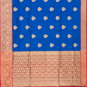 Blue Banarasi Silk Saree With Floral Motifs & Red Border-Blue