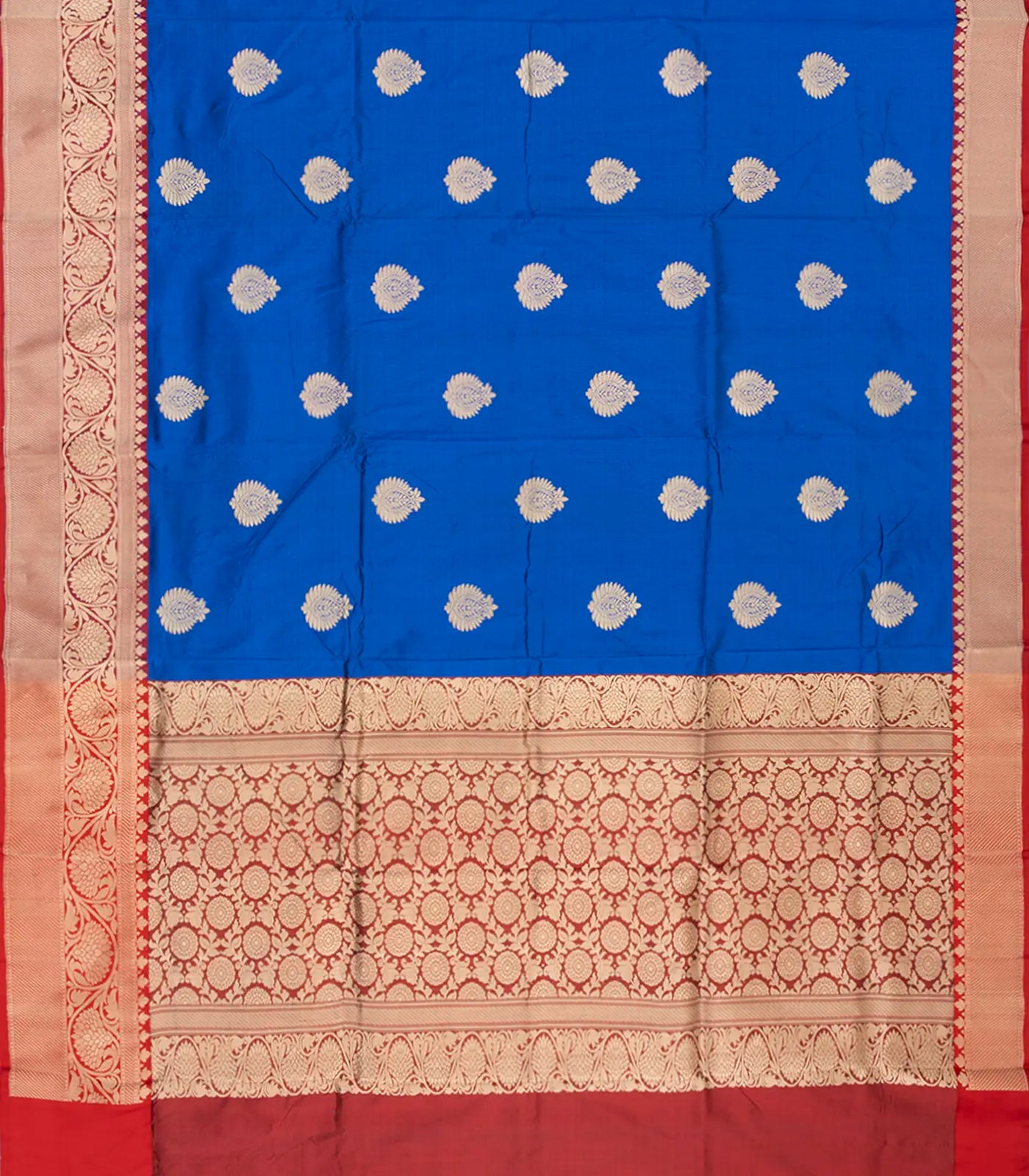 Blue Banarasi Silk Saree With Floral Motifs & Red Border-Blue