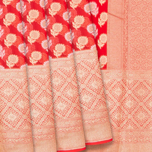 Red Banarasi Khaddi Georgette Saree With Floral Motifs-Red