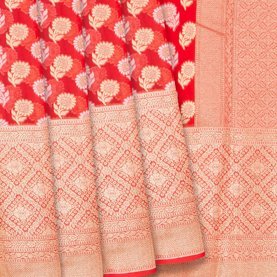 Red Banarasi Khaddi Georgette Saree With Floral Motifs-Red