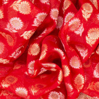 Red Banarasi Khaddi Georgette Saree With Floral Motifs-Red