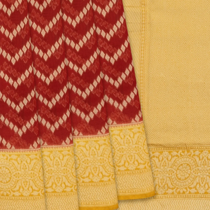 Red Handloom Banarasi Silk Cotton Saree With Chevron Motifs-Red