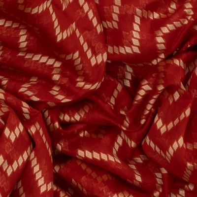 Red Handloom Banarasi Silk Cotton Saree With Chevron Motifs-Red