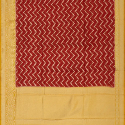 Red Handloom Banarasi Silk Cotton Saree With Chevron Motifs-Red