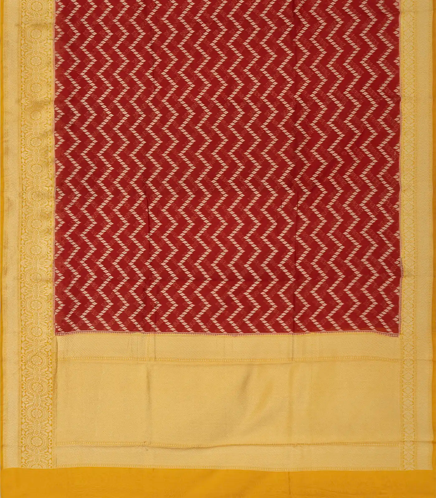 Red Handloom Banarasi Silk Cotton Saree With Chevron Motifs-Red