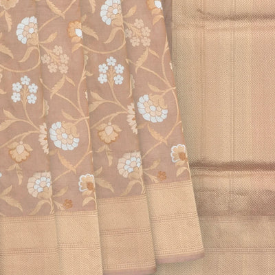 Dusty Pink Handloom Banarasi Silk Saree With Floral Vine Motifs-Dusty Pink