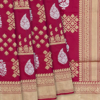 Pink Handloom Banarasi Silk Saree With Moghul Flower Butta & Zari Border-Pink