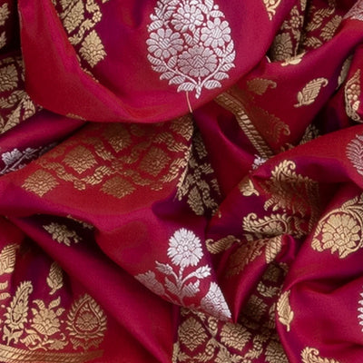 Pink Handloom Banarasi Silk Saree With Moghul Flower Butta & Zari Border-Pink