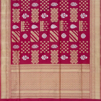 Pink Handloom Banarasi Silk Saree With Moghul Flower Butta & Zari Border-Pink