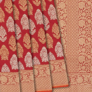 Red Handloom Banarasi Silk Saree With Floral Motifs & Vine Motifs in Border-Red