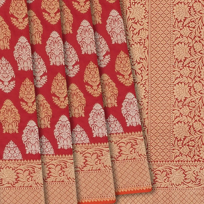 Red Handloom Banarasi Silk Saree With Floral Motifs & Vine Motifs in Border-Red
