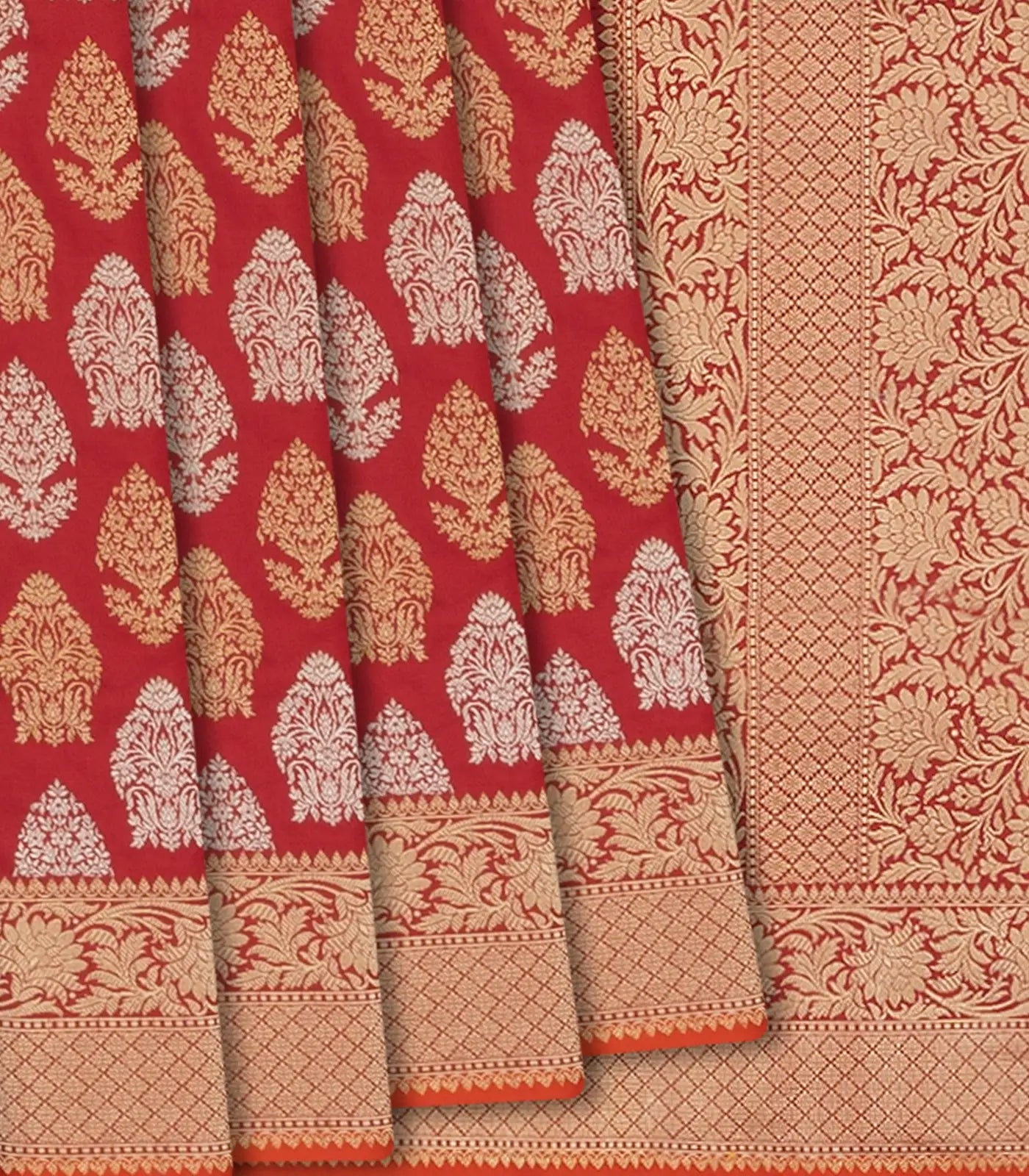 Red Handloom Banarasi Silk Saree With Floral Motifs & Vine Motifs in Border-Red