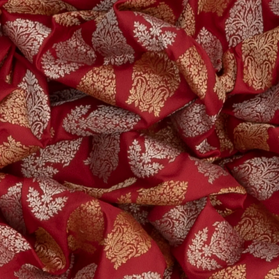 Red Handloom Banarasi Silk Saree With Floral Motifs & Vine Motifs in Border-Red