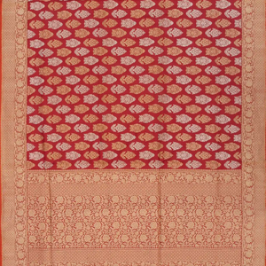 Red Handloom Banarasi Silk Saree With Floral Motifs & Vine Motifs in Border-Red