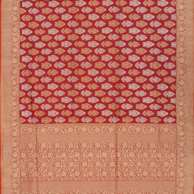 Red Handloom Banarasi Silk Saree With Floral Motifs & Vine Motifs in Border-Red
