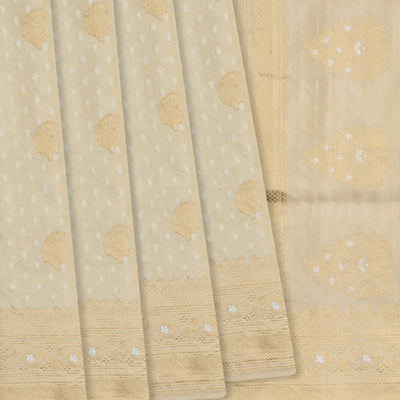 Beige Handloom Banarasi Silk Saree With Paisley Butta -Beige