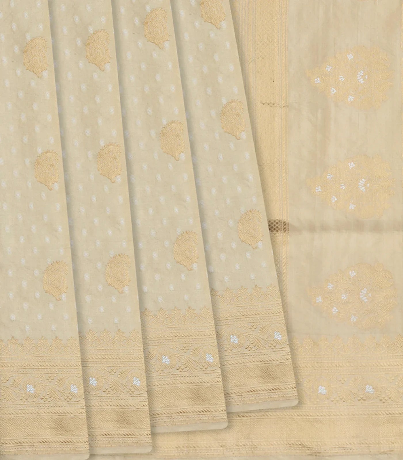 Beige Handloom Banarasi Silk Saree With Paisley Butta -Beige