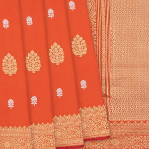 Orange Handloom Banarasi Silk Saree With Floral Butta-Orange