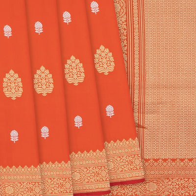 Orange Handloom Banarasi Silk Saree With Floral Butta-Orange