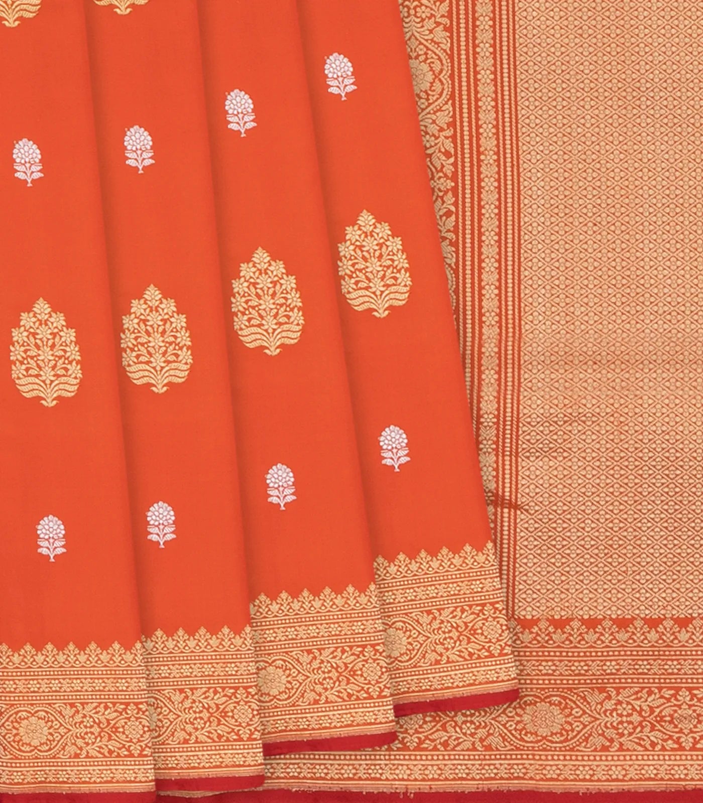 Orange Handloom Banarasi Silk Saree With Floral Butta-Orange