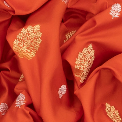 Orange Handloom Banarasi Silk Saree With Floral Butta-Orange