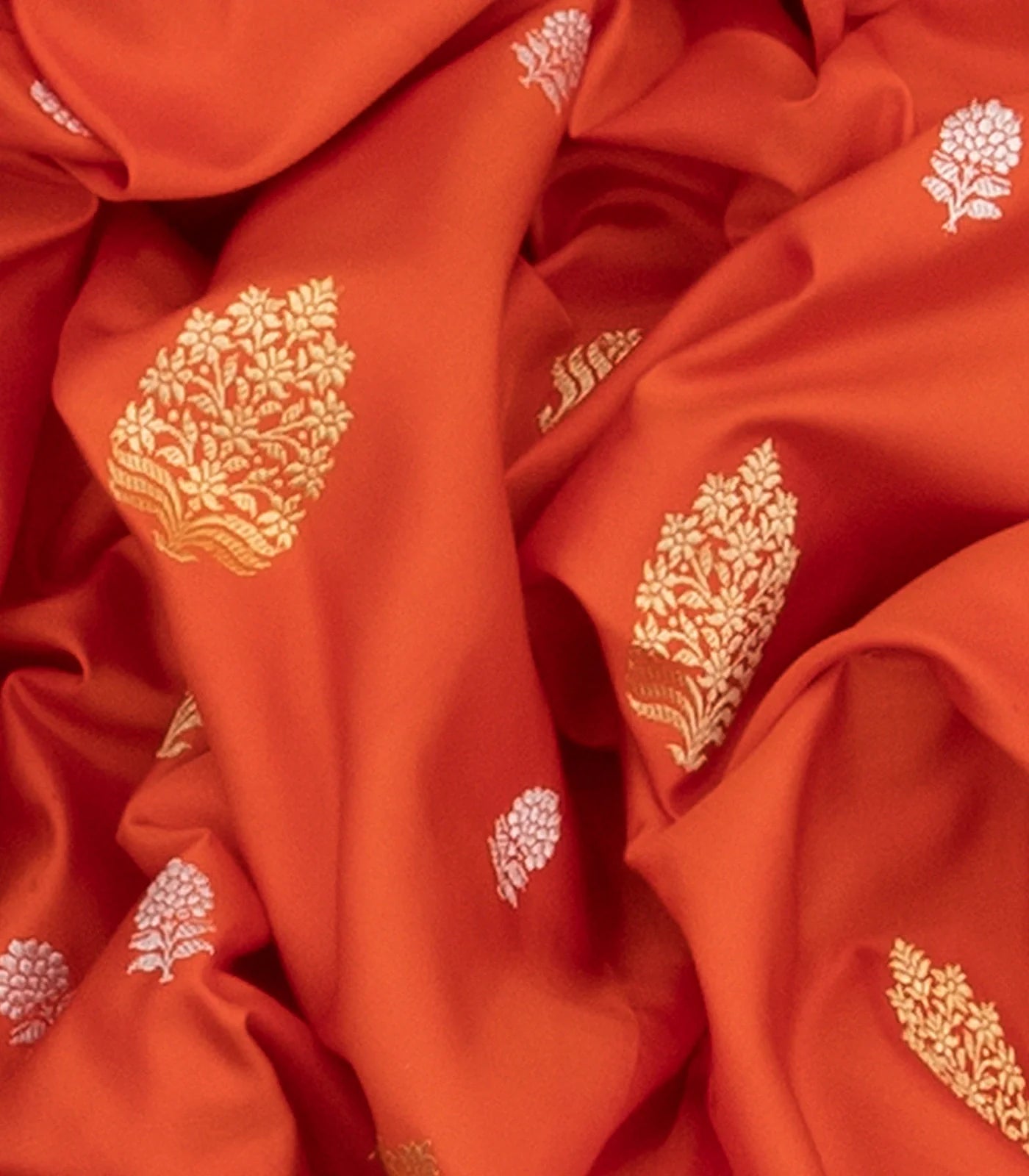 Orange Handloom Banarasi Silk Saree With Floral Butta-Orange