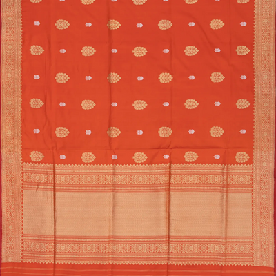 Orange Handloom Banarasi Silk Saree With Floral Butta-Orange