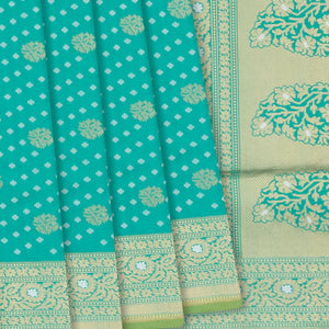 Turquoise Handloom Banarasi Silk Saree With Floral & Corner Paisley Motifs-Turquoise